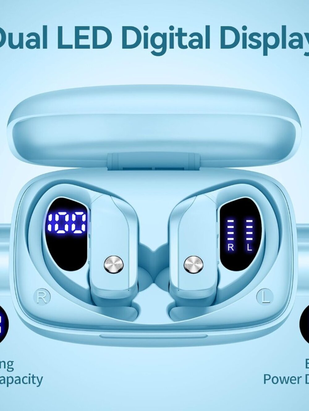 Sky Blue Wireless Earbuds Bluetooth LED Display Ear-hooks Built-in Mic Headset - Picture 2 of 6